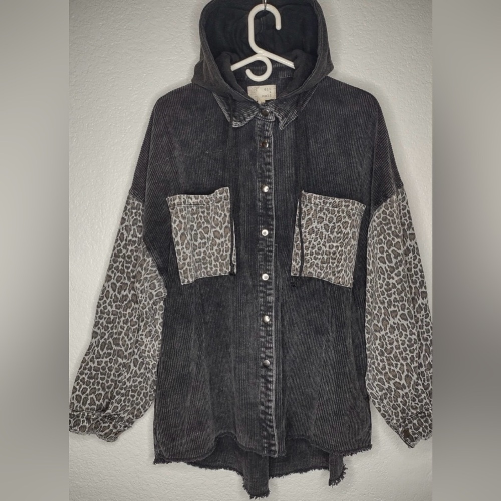 Oli & Hali Black Corduroy Jacket with Leopard Print Accents
